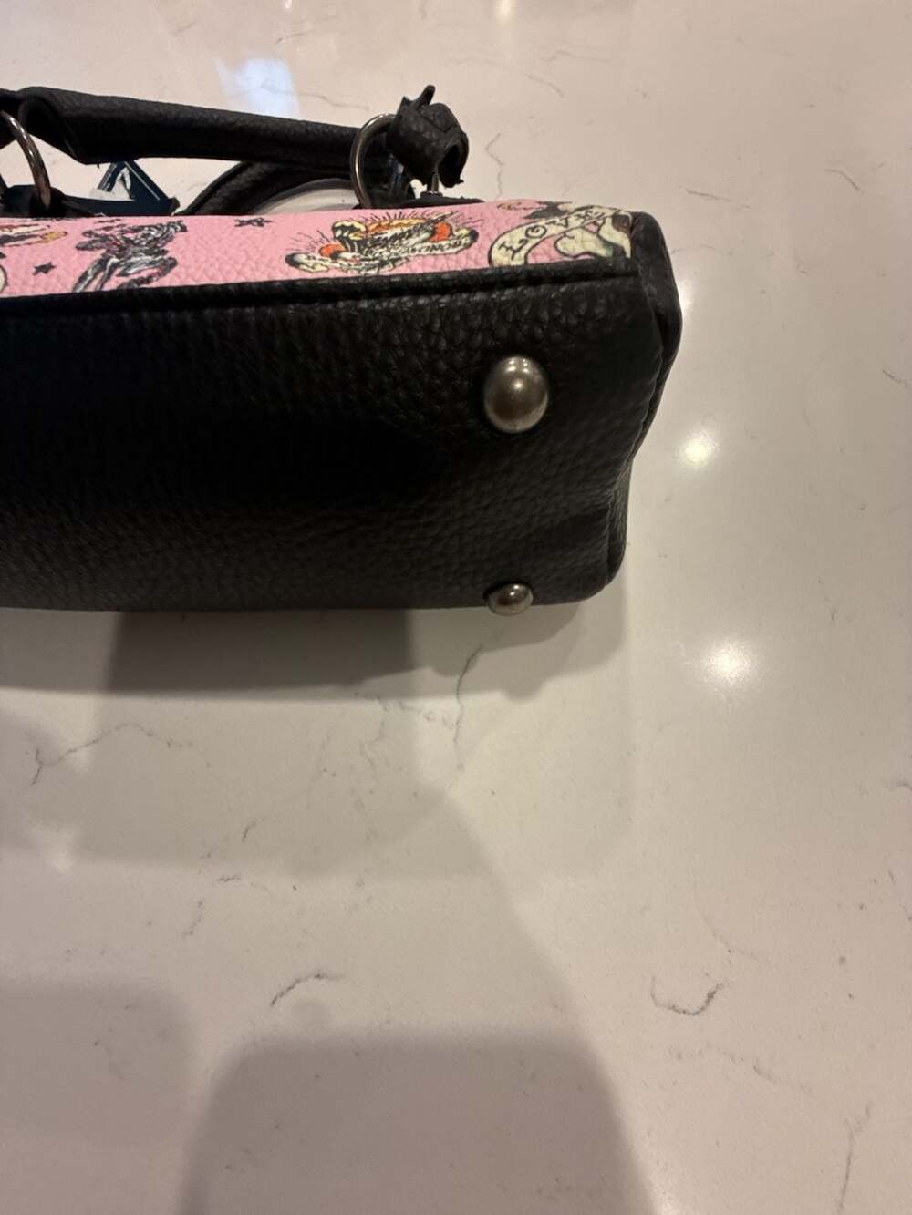 Ed Hardy Pink Tattoo Print Vegan Leather Studded Small Satchel Bag NWT - Picture 11 of 13